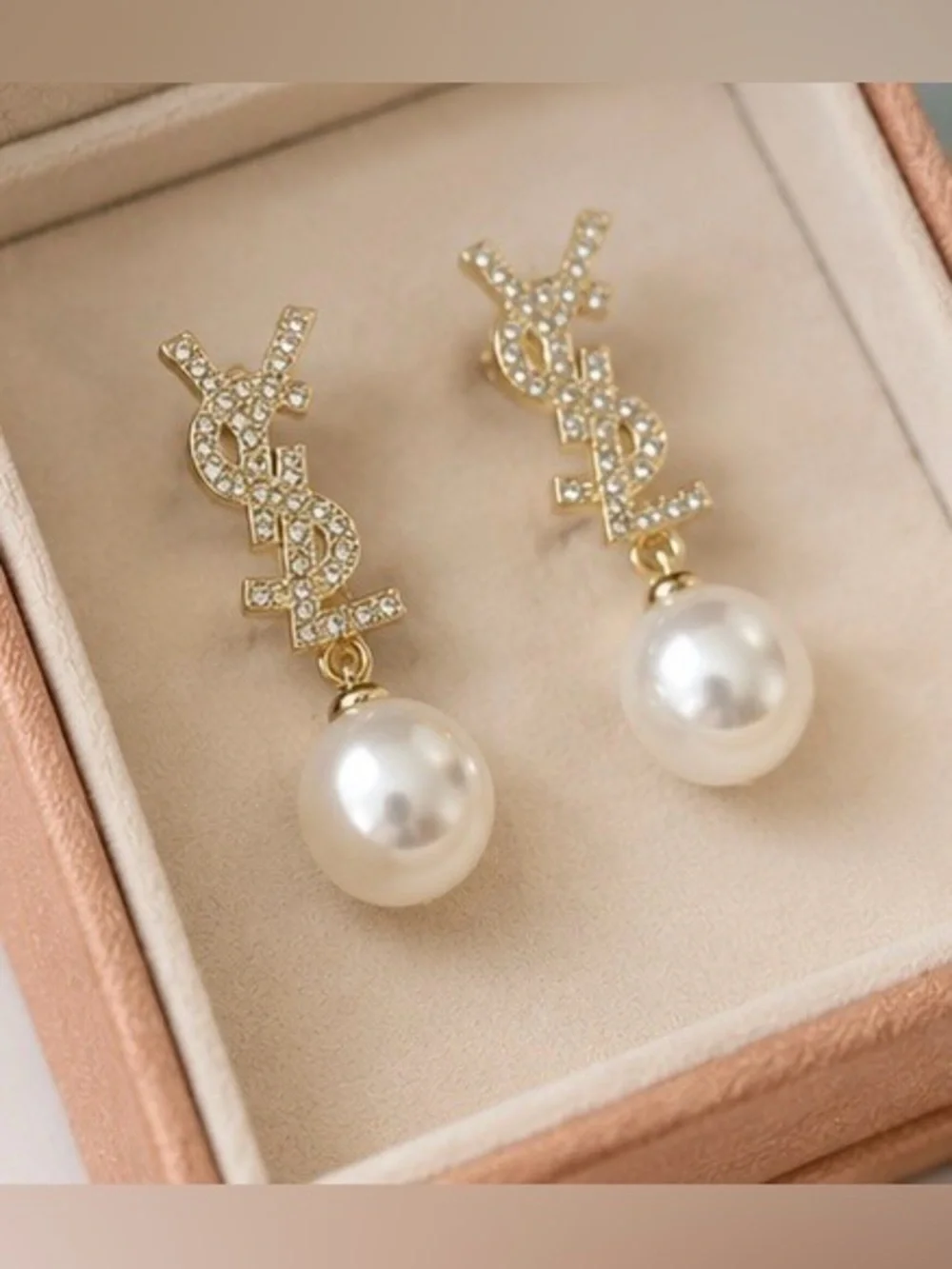 Gold-Tone Faux Pearl & Crystal Drop Earrings – Elegant Statement Dangle Earrings